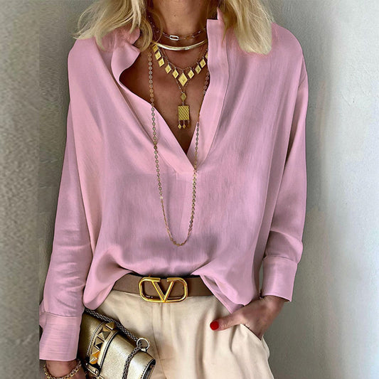 Blusa informal de lino y algodón de color liso con cuello alto para mujer