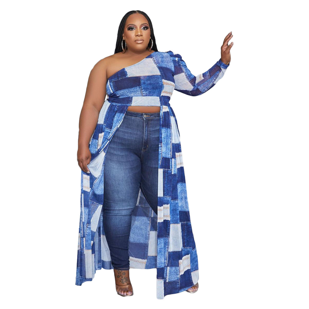 Plus Size Women Night Out Creative Color Blocking Fashion Casual Plaid Print Dress Irregular Top