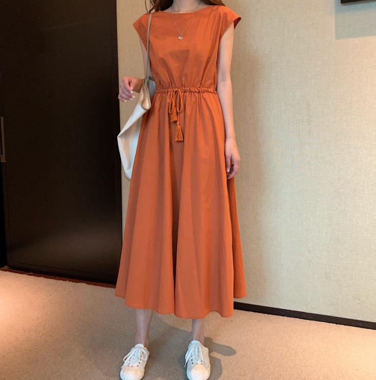 Women Fashion Minimalist Casual Solid Color Round Neck Short-Sleeve Drawstring Dress