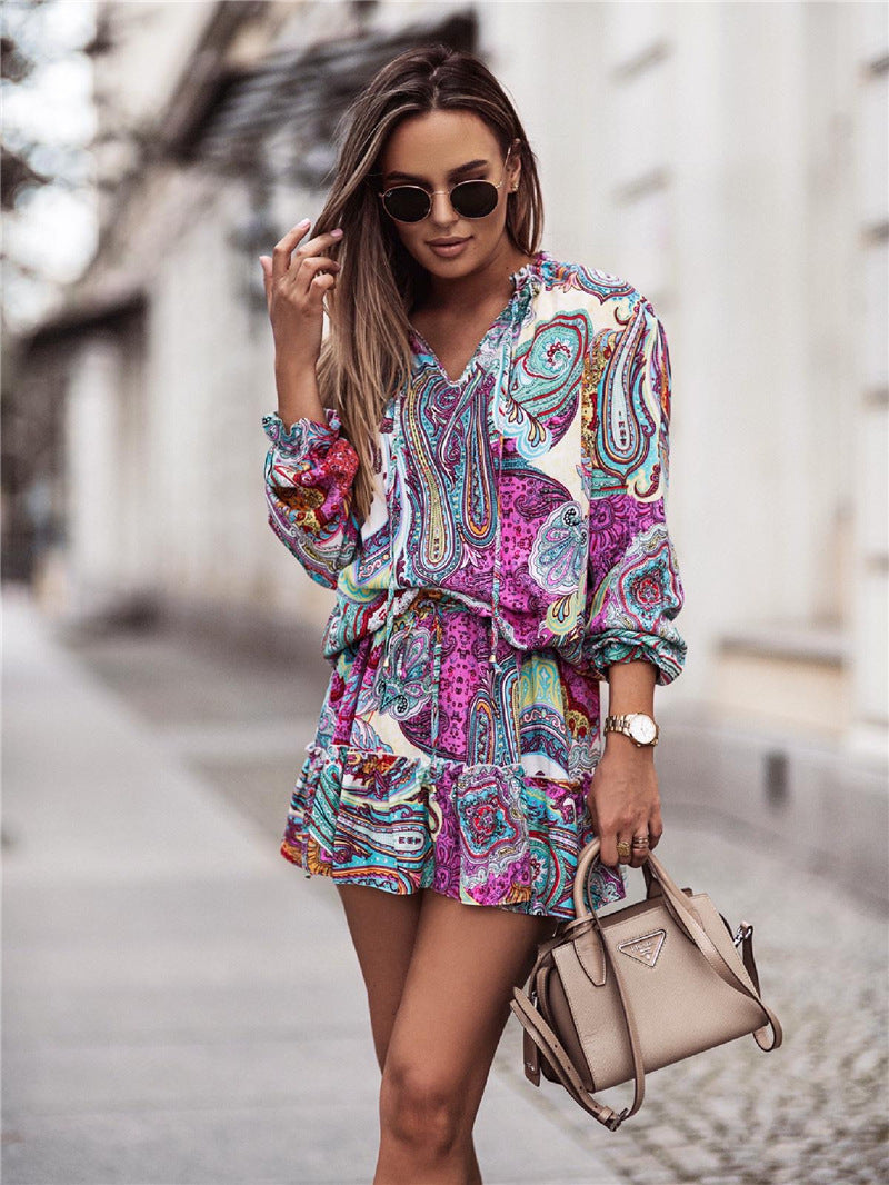Fashion Casual Women Floral Paisley Printed Long-Sleeved Ruffled Dress