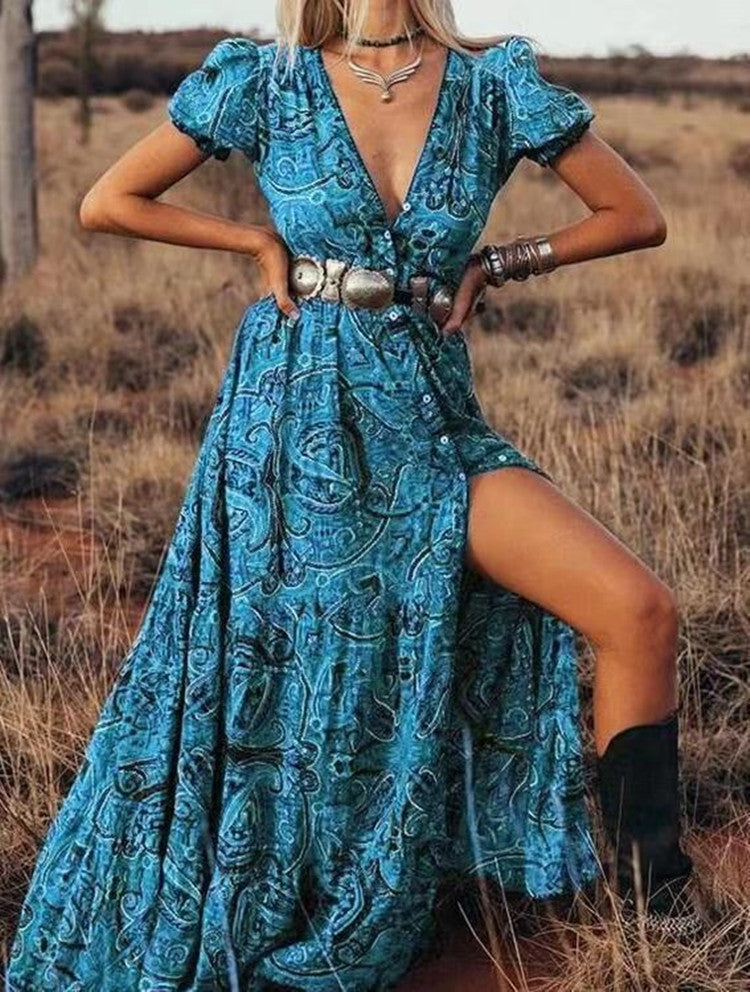 Women Fashion Casual Boho Printed V-Neck Short Sleeve Dress