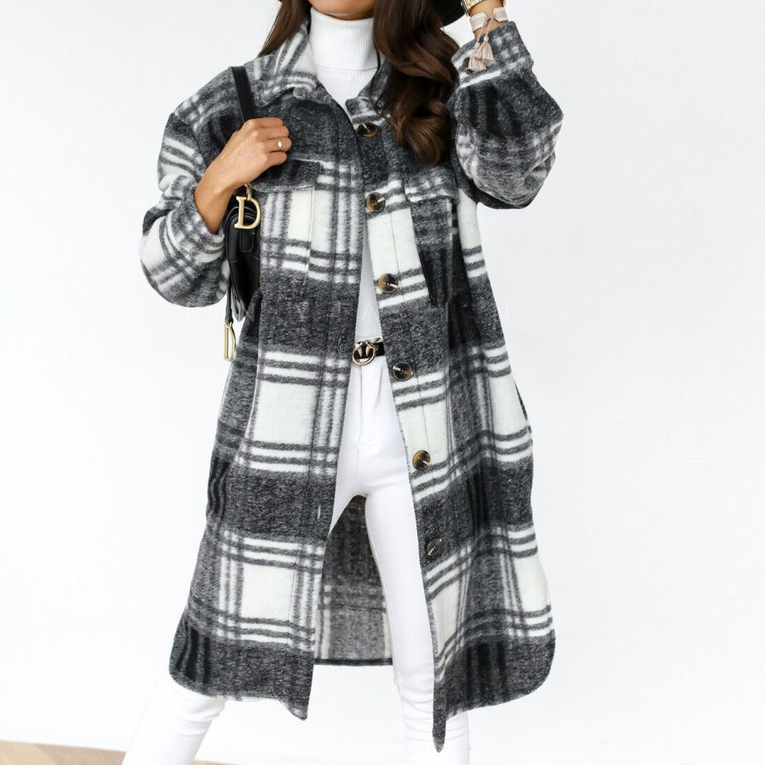 Abrigo de invierno para mujer, de manga larga, con solapa abotonada, informal, cálido, a cuadros, tipo chaqueta