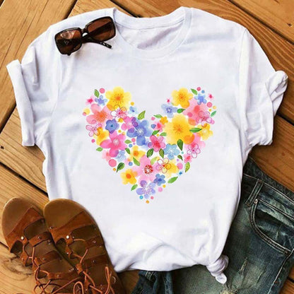 Camiseta informal de manga corta con estampado de corazones para mujer