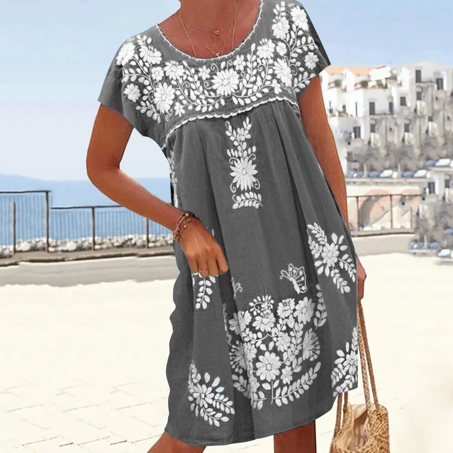 Vestido holgado informal bohemio de manga corta con estampado floral y cuello redondo para mujer