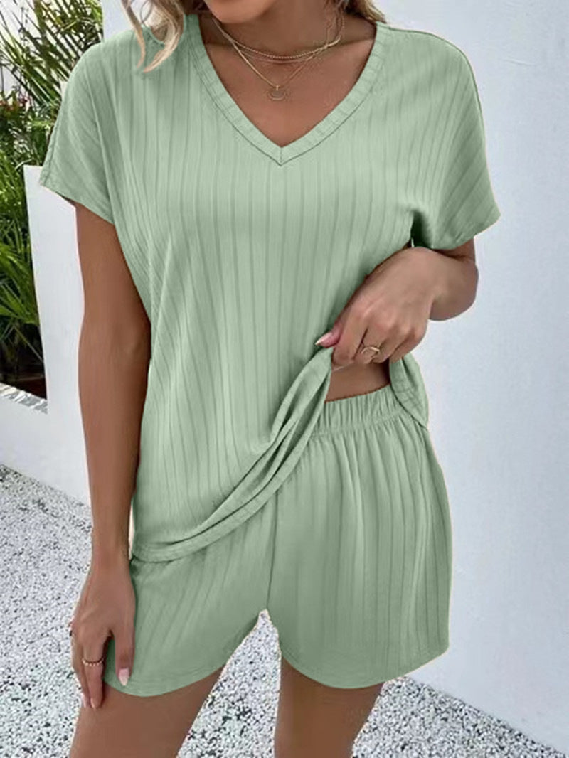 Conjunto de dos piezas de ropa de casa informal y acogedora de punto de color liso para mujer de verano