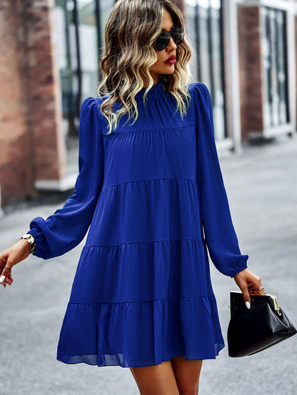 Women Casual Solid Color Stitching Round Neck Loose Long Sleeve Dress