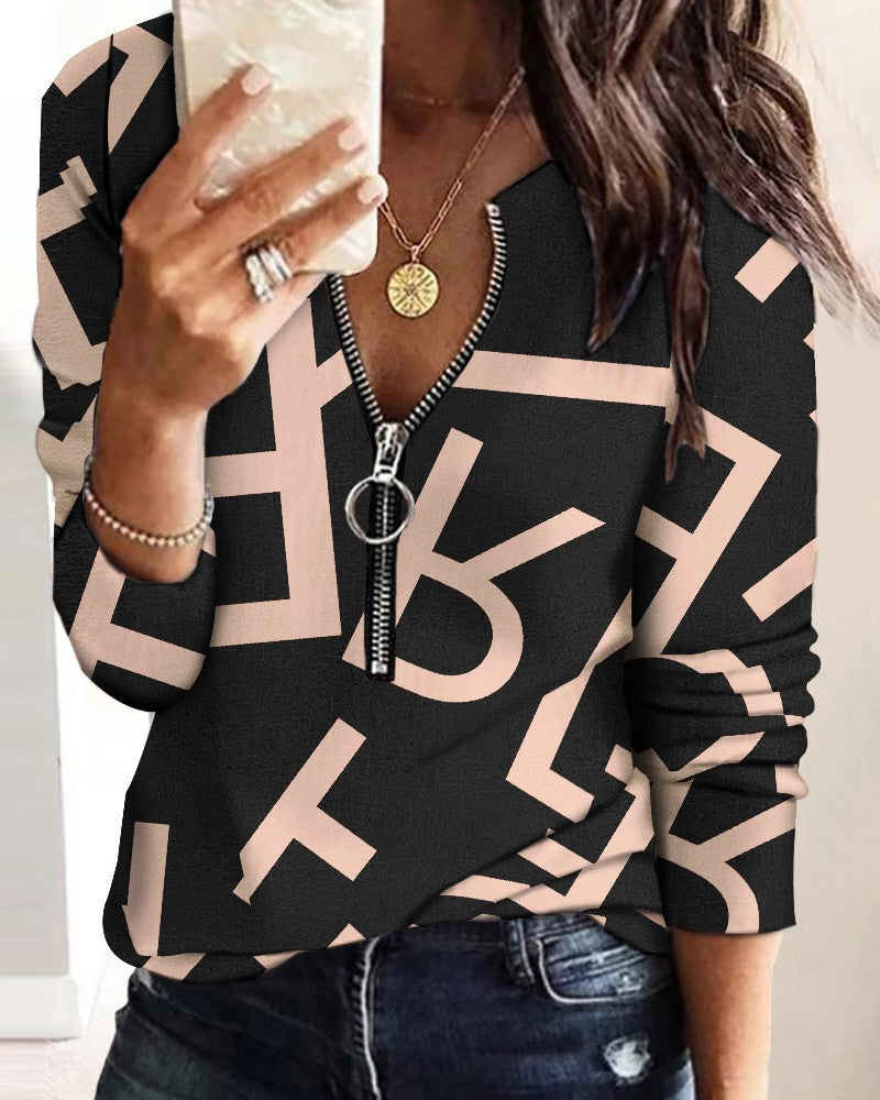 Blusa informal de manga larga con cremallera y estampado de letras para mujer