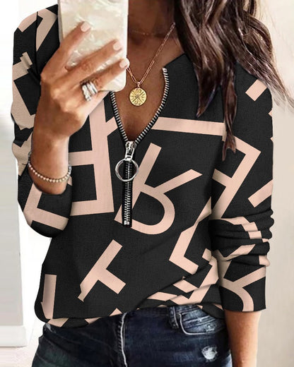 Blusa informal de manga larga con cremallera y estampado de letras para mujer