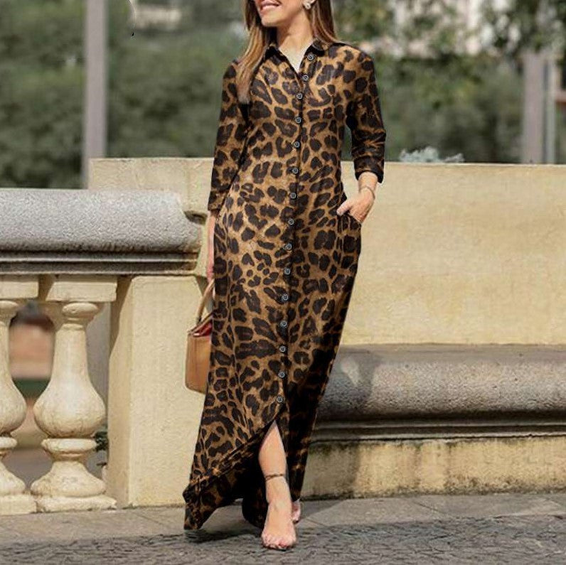 Women Casual Leopard Long Sleeve Button Maxi Shirt Dress