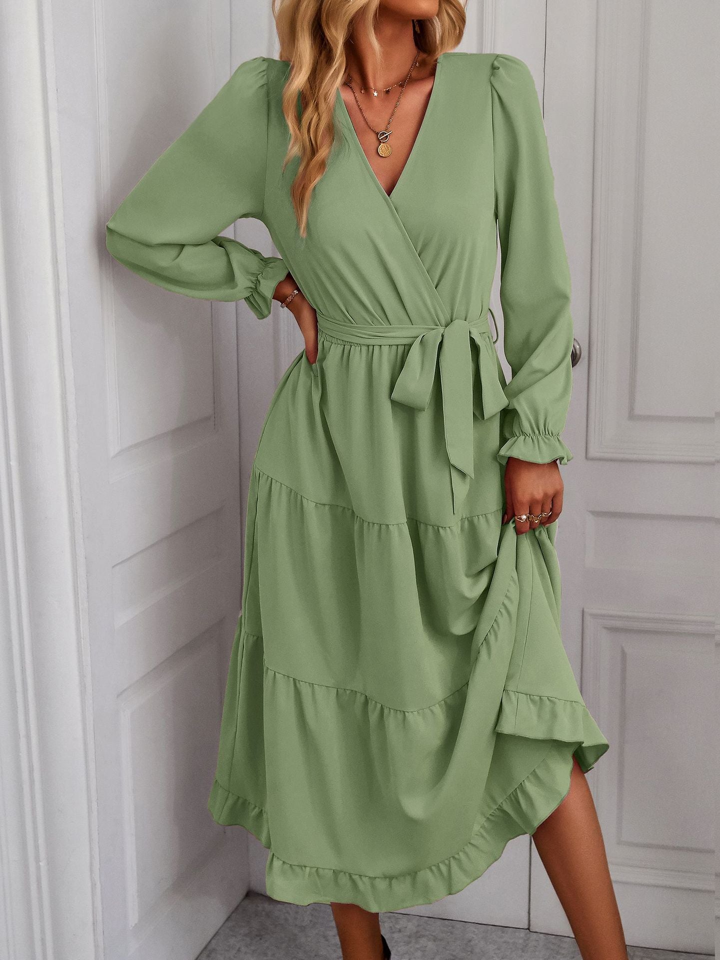 Women Fashion Casual Solid Color Bandage Long Sleeve Wrap Dress