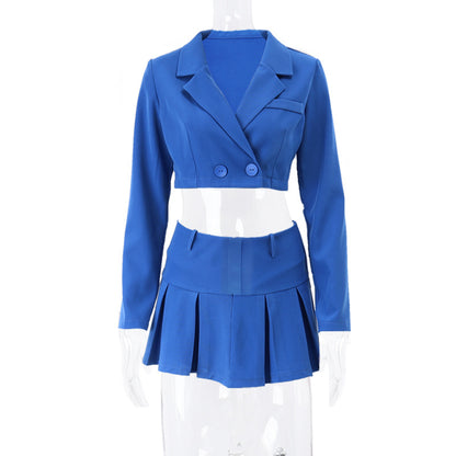 Women Casual Short Long Sleeve Suit Top And High Waist A-Line Skirt Set