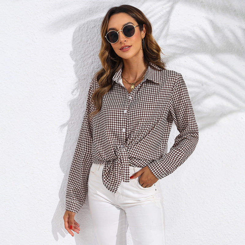 Blusas casuales de manga larga con estampado de cuadros a la moda para mujer
