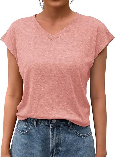 Camiseta informal de verano para mujer, color liso, cuello en V, manga corta, sin mangas