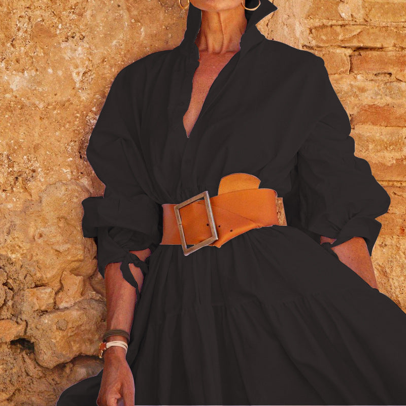 Women'S Fashion Elegant Lapel Solid Color Long-Sleeved Casual Mid-Length Large Swing Shirt Dress