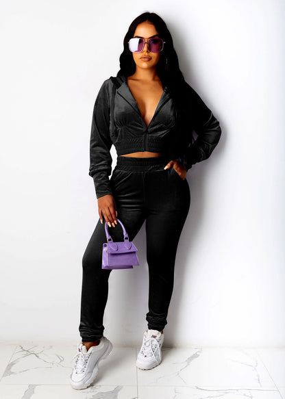 Conjunto deportivo de dos piezas para mujer, con capucha, pantalones y manga larga, elásticos y lisos