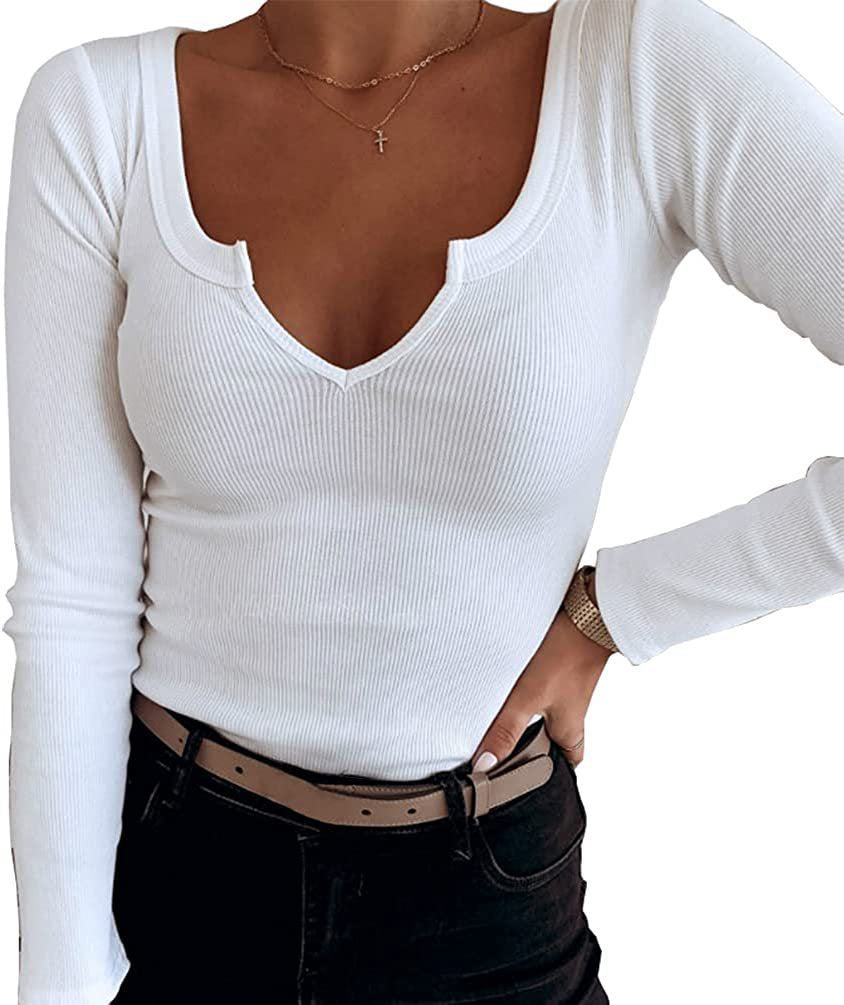 Camiseta informal de cuello en U profundo para mujer, color liso, sin mangas