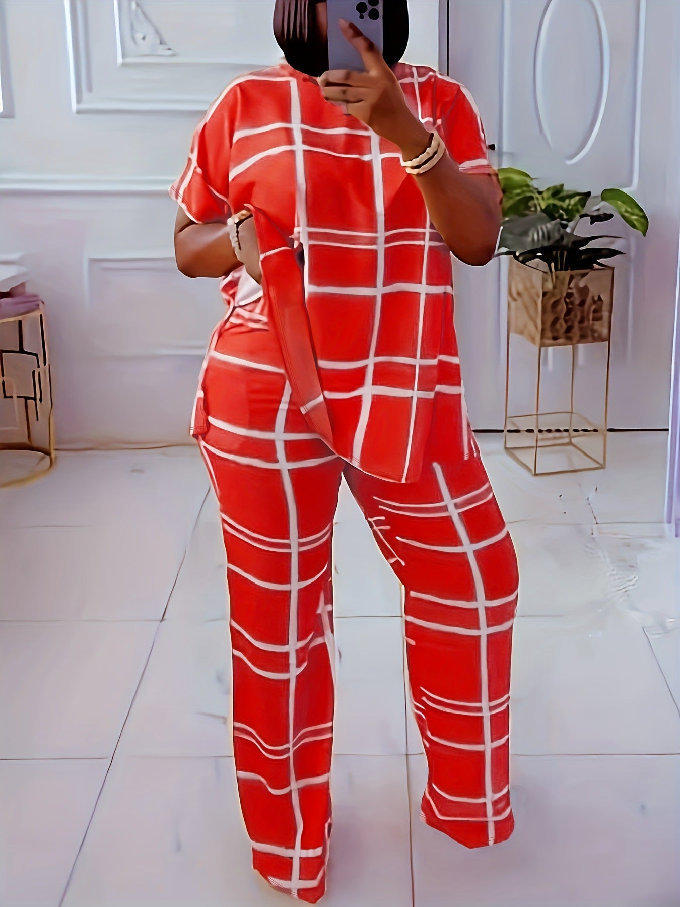Conjunto de dos piezas informal de talla grande para mujer, con estampado a cuadros, manga corta, pantalones anchos