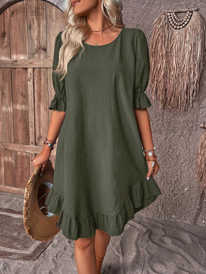 Summer Women Fashion Casual Solid Color Cotton Linen Round Neck Short Sleeve Dress