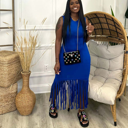 Women Casual Fashion Solid Color Sleeveless Tassel Tight Dress