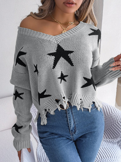 Autumn Winter Women Fashion Casual V-Neck Star Hole Long Sleeve Knitted Sweater