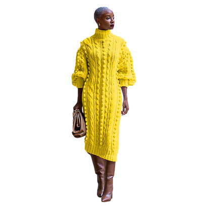 Vestido de punto dividido de manga larga con cuello alto y color liso informal a la moda para mujer Otoño Invierno