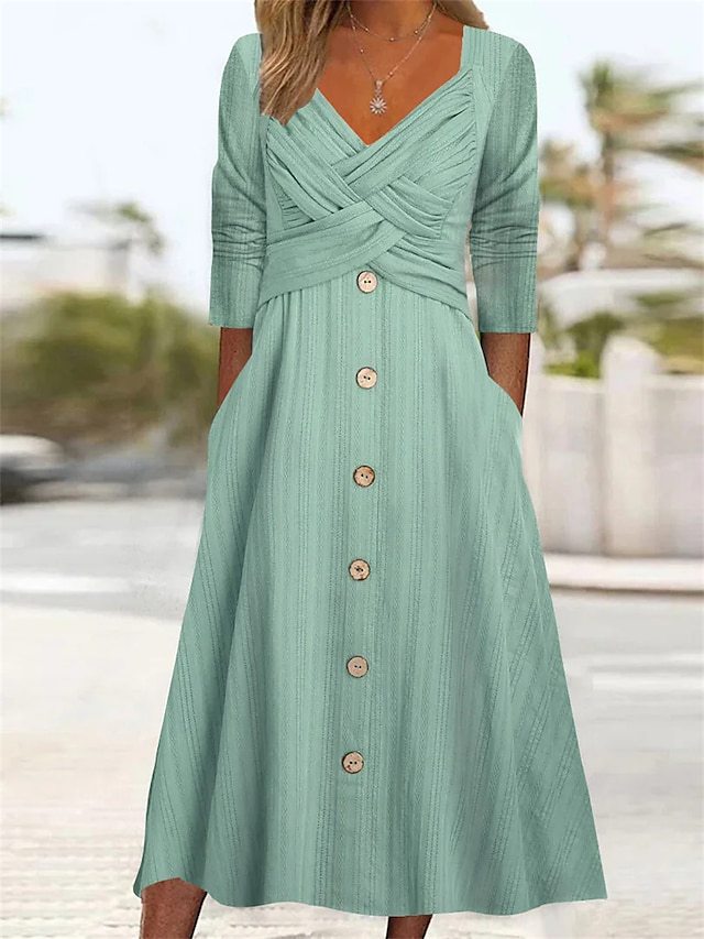Casual Fashion Women Solid Color V Neck Cross Design Buttoned Maxi Dress