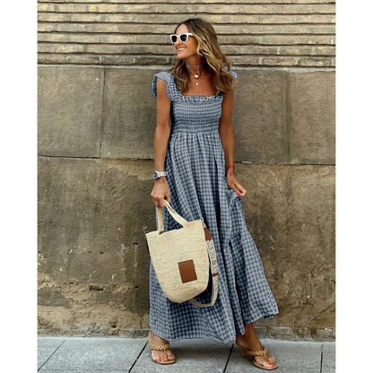 Women Fashion Casual Vacation Boho Plaid Pattern Ruffled Maxi Dress