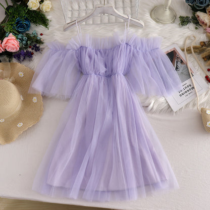 Women Casual Vacation Mesh Mid-Length One-Shoulder Suspender Dress