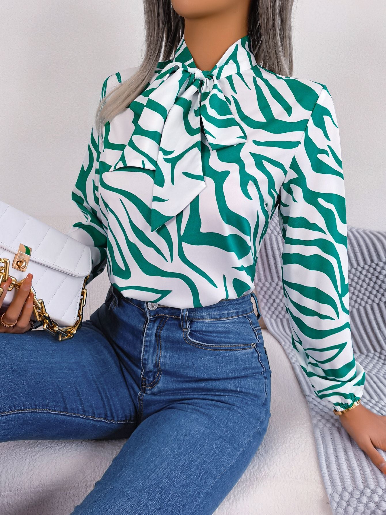 Women Fashion Casual Color Block Stripe Lace-Up Lantern Sleeve Chiffon Top