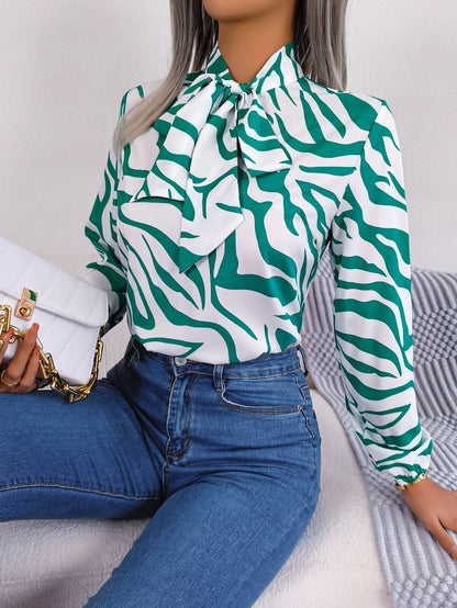 Women Fashion Casual Color Block Stripe Lace-Up Lantern Sleeve Chiffon Top