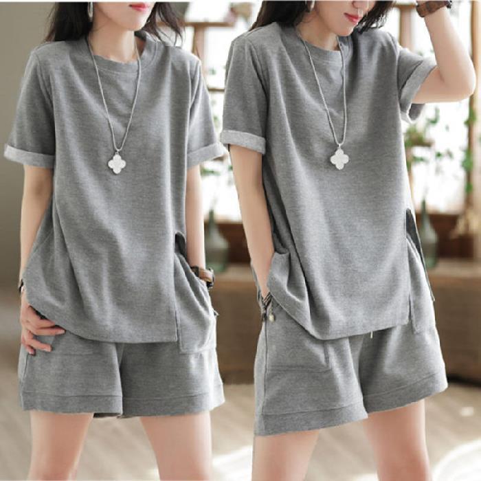 Conjunto de dos piezas de camiseta holgada de manga corta y pantalones cortos informales para mujer