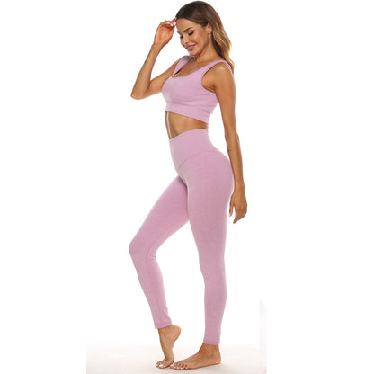 Conjunto deportivo de dos piezas para mujer, color sólido, con cuello en U, camiseta corta y pantalones de cintura alta, para yoga y deportes.