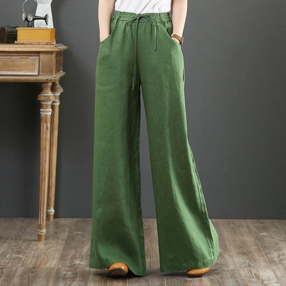Women Fashion Casual Solid Color Cotton Linen High Waist Wide Leg Pants