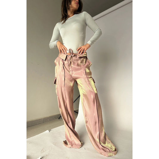 Pantalones casuales sueltos de color sólido con cremallera para mujer