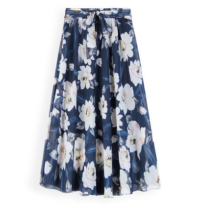 Women Fashion Casual Floral Printing Chiffon A- Line Skirt