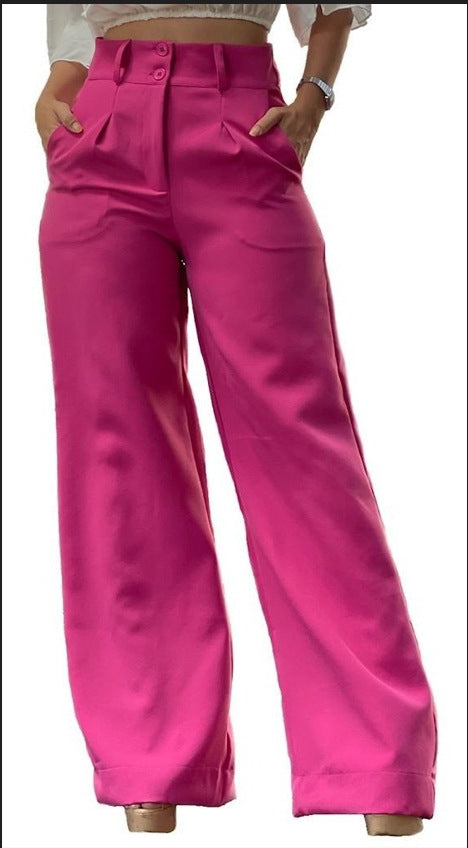 Women Fashion Casual Solid Color High Waist Wide Leg Pants