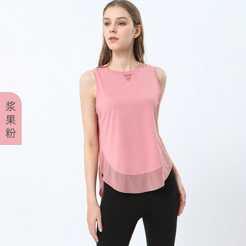 Women Casual Loose Solid Color Round Neck Sleeveless Mesh Spliced Sports Tank Top