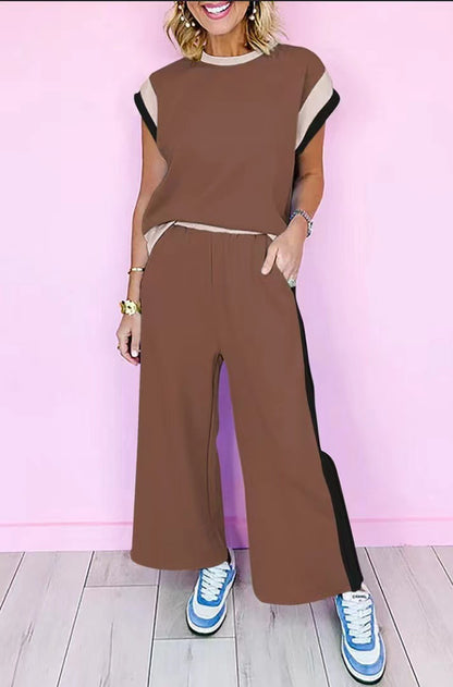 Conjunto de dos piezas de camiseta y pantalones holgados de manga corta con cuello redondo y bloques de color para mujer