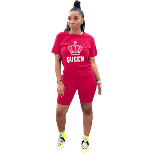 Conjunto deportivo informal de dos piezas para mujer: camiseta de manga corta con cuello redondo y pantalones cortos de color liso