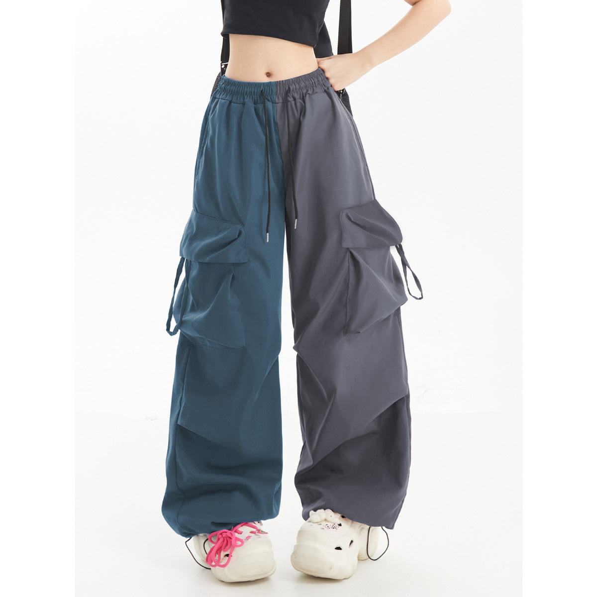 Women Fashion Casual Contrast Color Matching Drawstring Wide Leg Sports Pants
