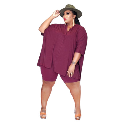 Conjunto de dos piezas de camiseta y pantalones cortos irregulares informales de manga corta para mujer de talla grande