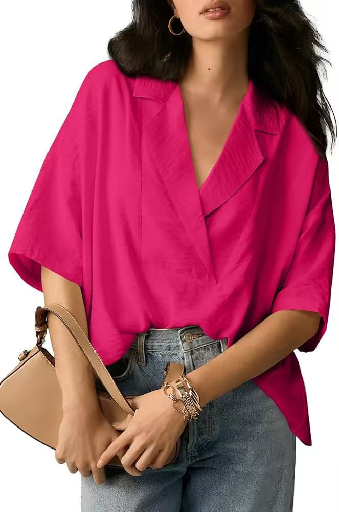 Women Fashion Casual Solid Color Lapel Short-Sleeve Loose Crop Top