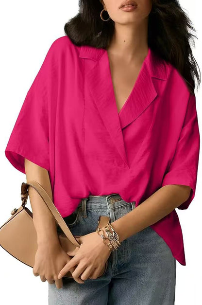 Women Fashion Casual Solid Color Lapel Short-Sleeve Loose Crop Top