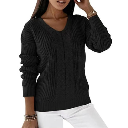 Women Fashion Casual V-Neck Long Sleeve Solid Color Knitted Sweater