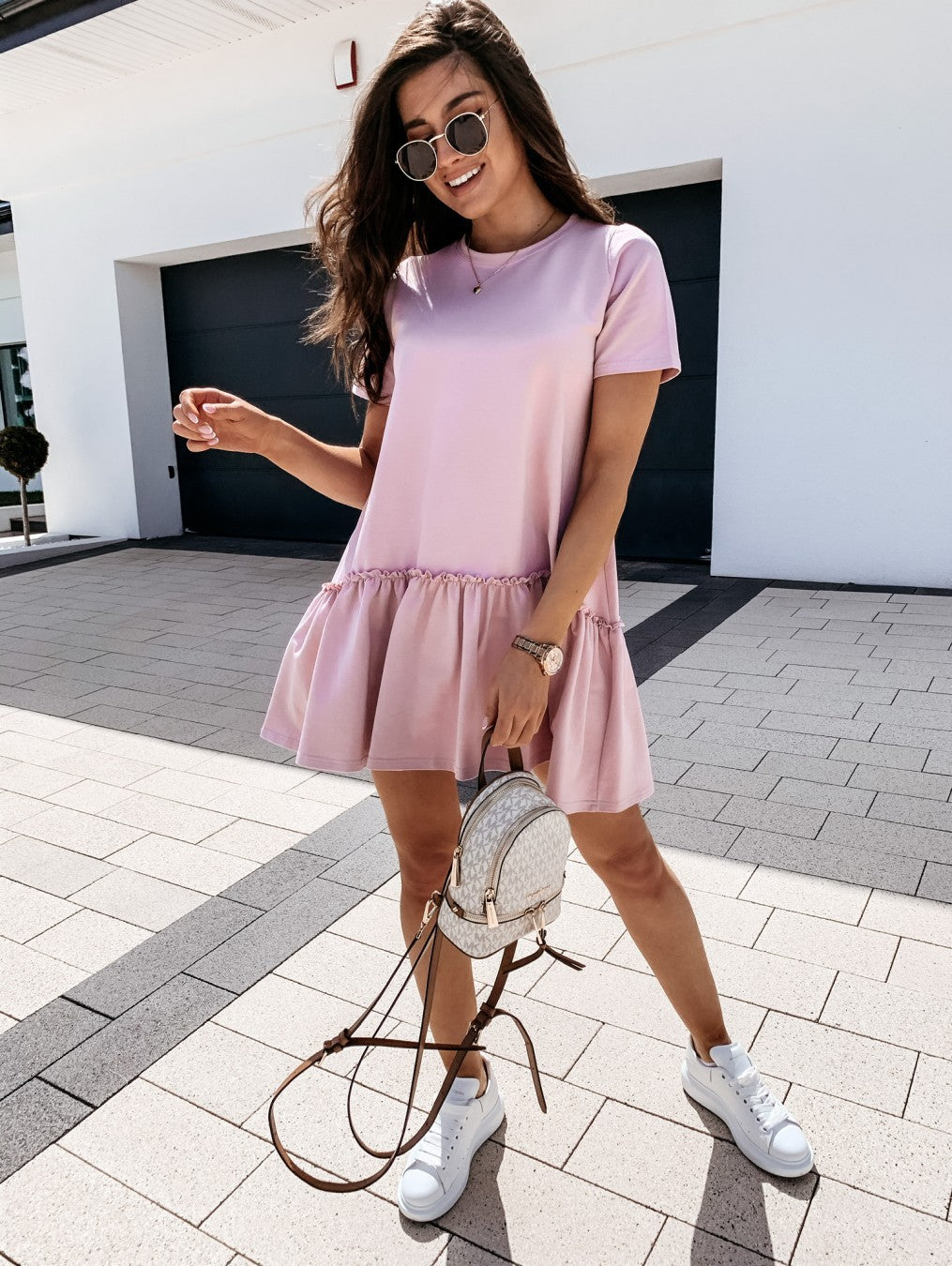 Women Casual Summer Solid Color Short-sleeved Loose Round Neck Ruffle Dress