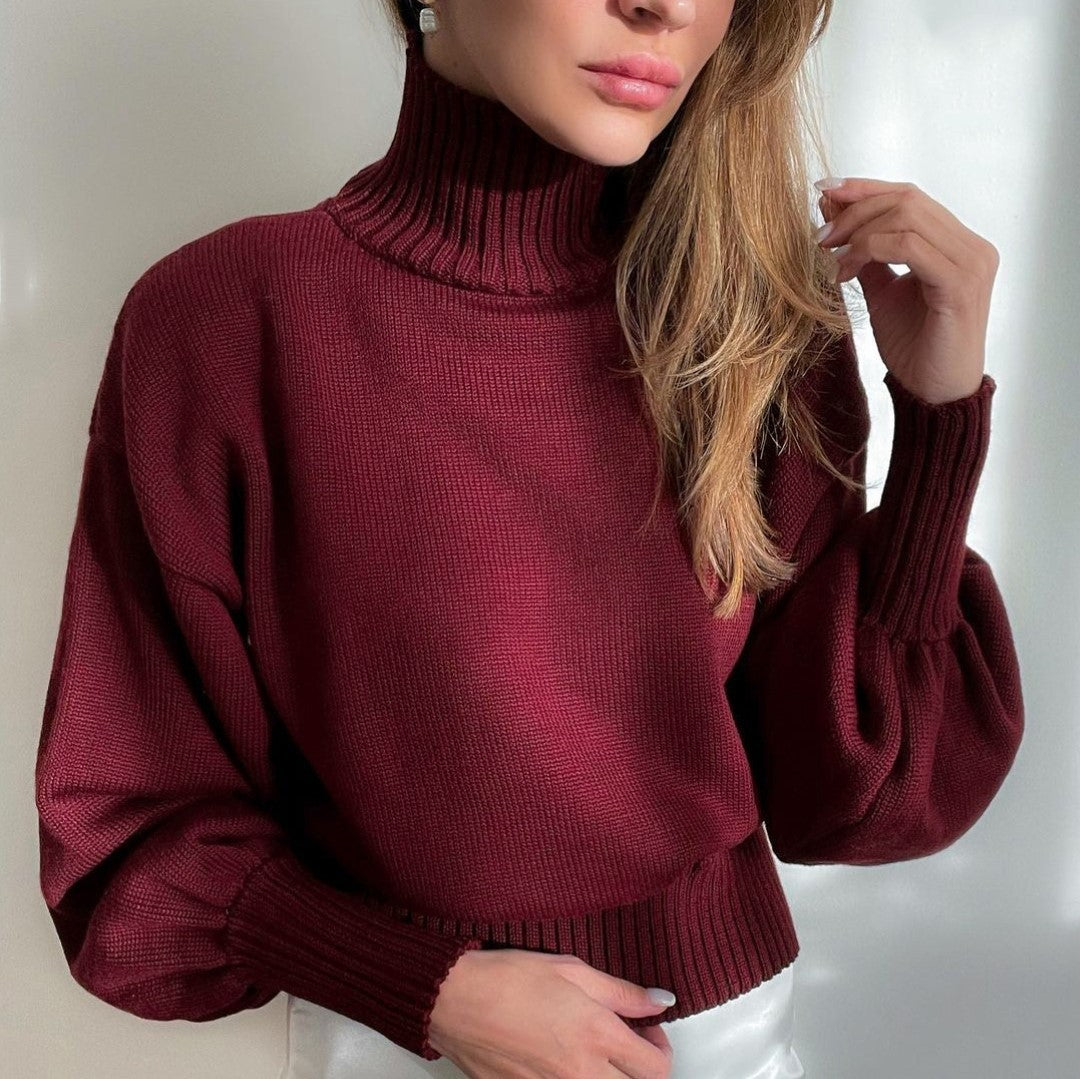 Suéter de punto con mangas abullonadas y cuello alto de color liso informal de invierno para mujer
