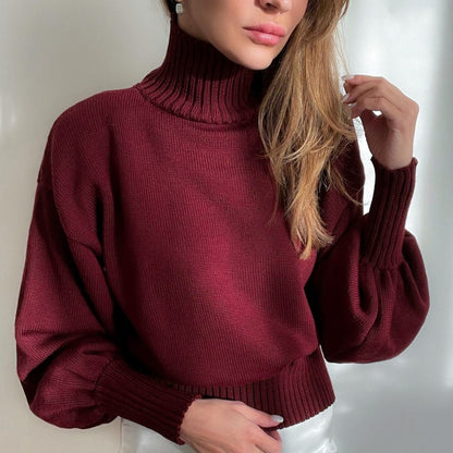Suéter de punto con mangas abullonadas y cuello alto de color liso informal de invierno para mujer