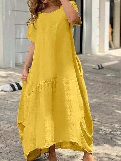 Women Fashion Casual Loose Plus Size Solid Color Cotton And Linen Maxi Dress