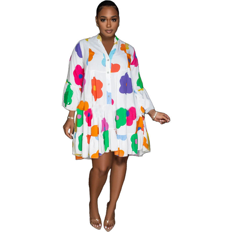 Vestido informal de manga larga con estampado floral y botonadura sencilla para mujer