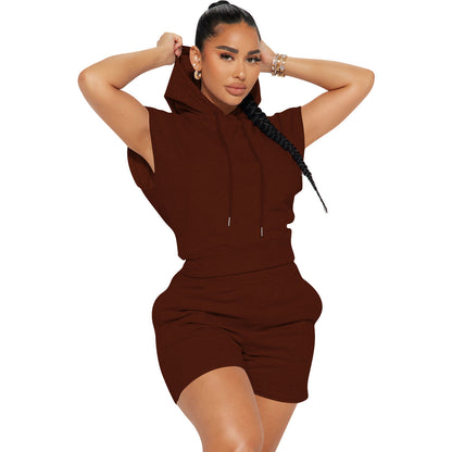 Women Fashion Casual Sports Style Solid Color Short Sleeve Hooded Top Shorts Two-Piece Set